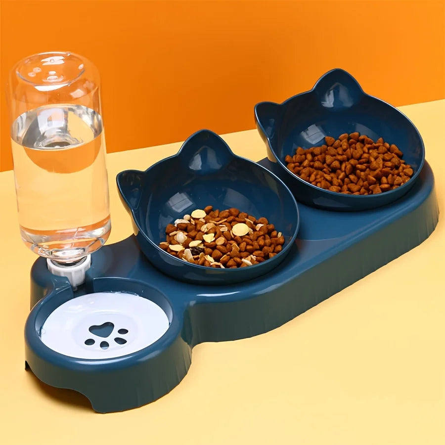 3-in-1 Tilted Cat Bowl Set – Ergonomic Neck Protection, Food & Water Dispenser for Cats & Dogs