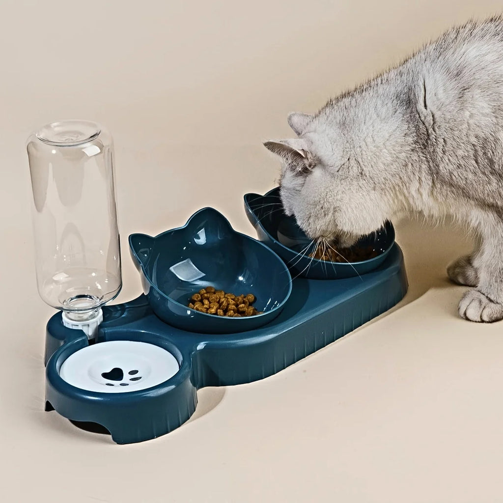 3-in-1 Tilted Cat Bowl Set – Ergonomic Neck Protection, Food & Water Dispenser for Cats & Dogs