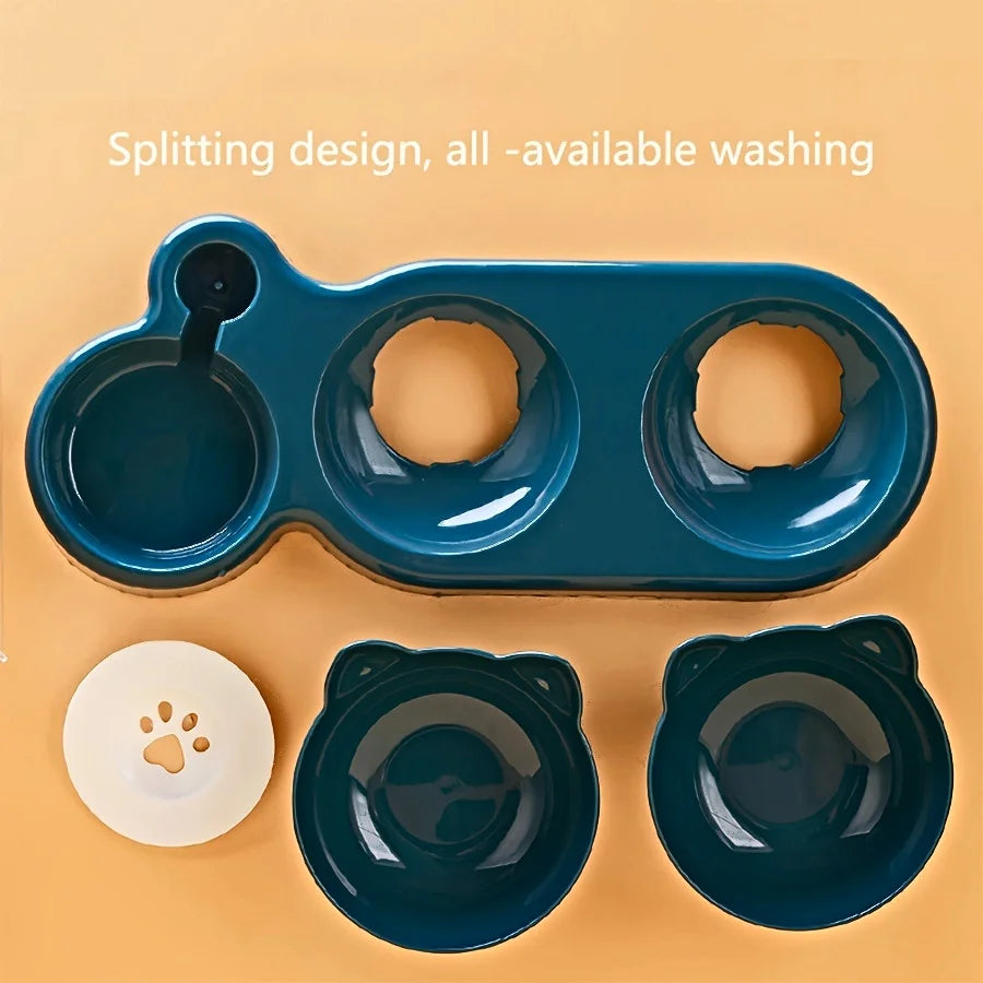 3-in-1 Tilted Cat Bowl Set – Ergonomic Neck Protection, Food & Water Dispenser for Cats & Dogs